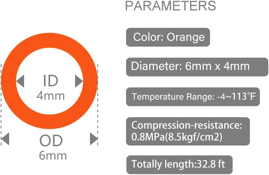 MKEUDQ-Pneumatic Tubing 6mm x 4mm PU Polyurethane Tube Air Hose Line for Air Compressor Fitting or Fluid Transfer (Orange 32.8ft/10Meters)
