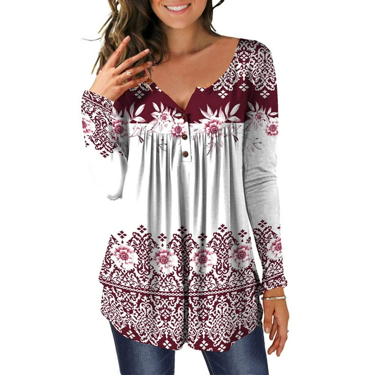 Amtdh Womens Tops,Dressy Y2K Clothing Pleated Tunic Tops for Women Long  Shirts for Women Oversized Blouse for Leggings Floral Graphic Clothes Wine  XXL 