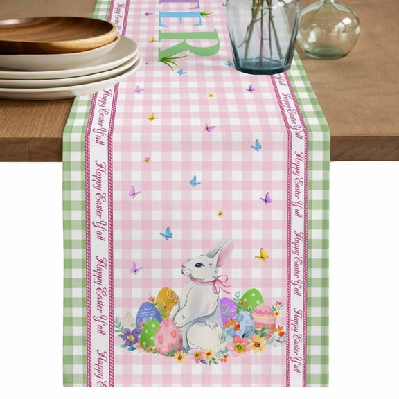 Easter Table Runner 90 Inches, Spring Watercolor Easter Eggs Bunny Pink Green Plaid Bed Runner Dresser Scarves Tabletop for Indoor Outdoor Parties/Ceremony/Banquet, 13" x 90"