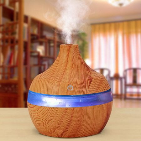 Home Humidifier Aromatherapy Essential Diffuser 300Ml Wood-Grain Ultra Quiet Cool Humidifier With Colorful Led Light Changing, Yellow Wood-Grain