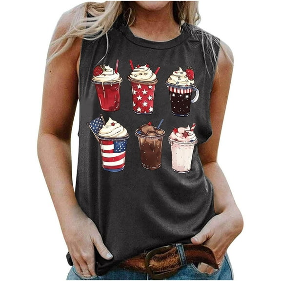 Qetyuw Women's Independence Day Tank Tops Plus Size Patriotic American Flag Print Tshirts Cotton Sleeveless T-shirts Cami Comfy Crewneck Tanks Womens Tank Tops under $5