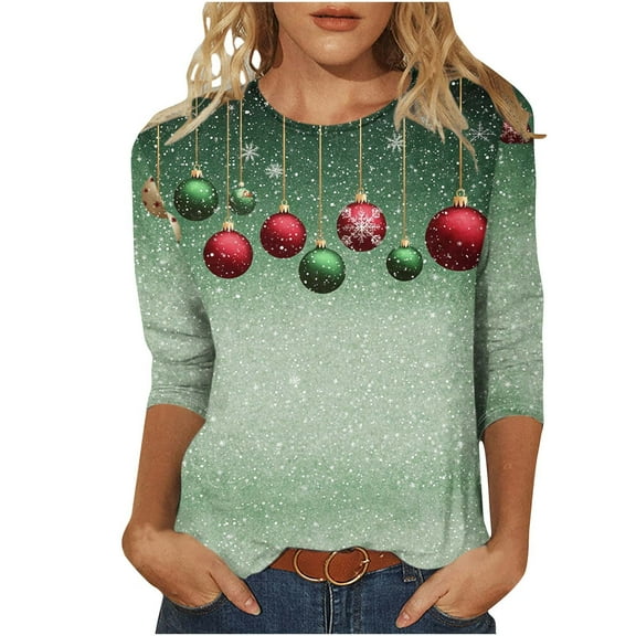 Christmas Tops for Women Funny Christmas 3/4 Sleeve Round Neck Tees Tshirts Fall Tops for Festive Wear Fall Clothes My Items