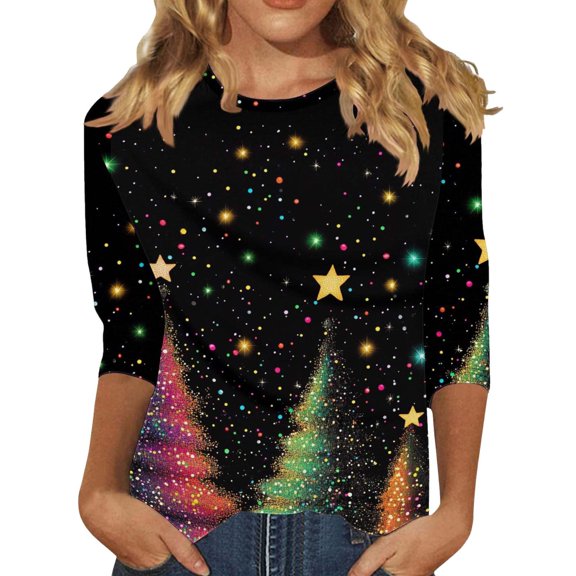 Womens T Shirts Christmas Tree Snowflake Print 3/4 Sleeve Crew Neck Casual Holiday Top Soft Blouse Outfit Women Clothes Trendy