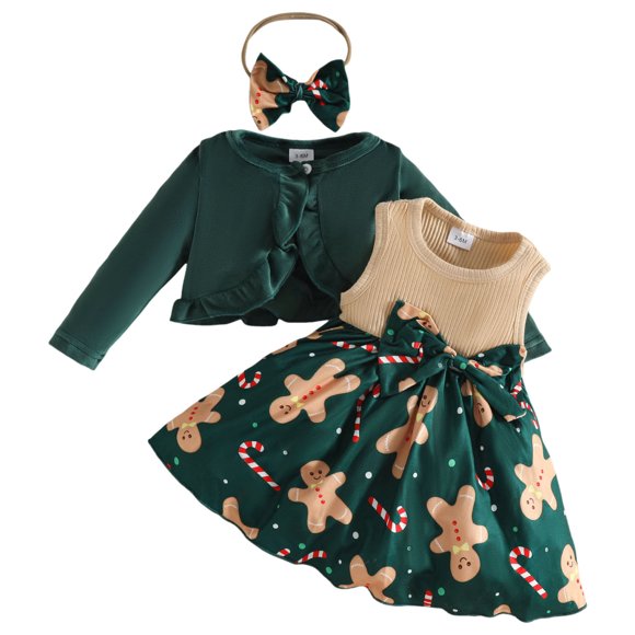 Zanarzt Baby Clothes Girl Baby Girl Christmas Outfit Ruffled Long Sleeve Romper Overall Dress Set Cute Fall Winter Clothes Dark Green,12-18 Months