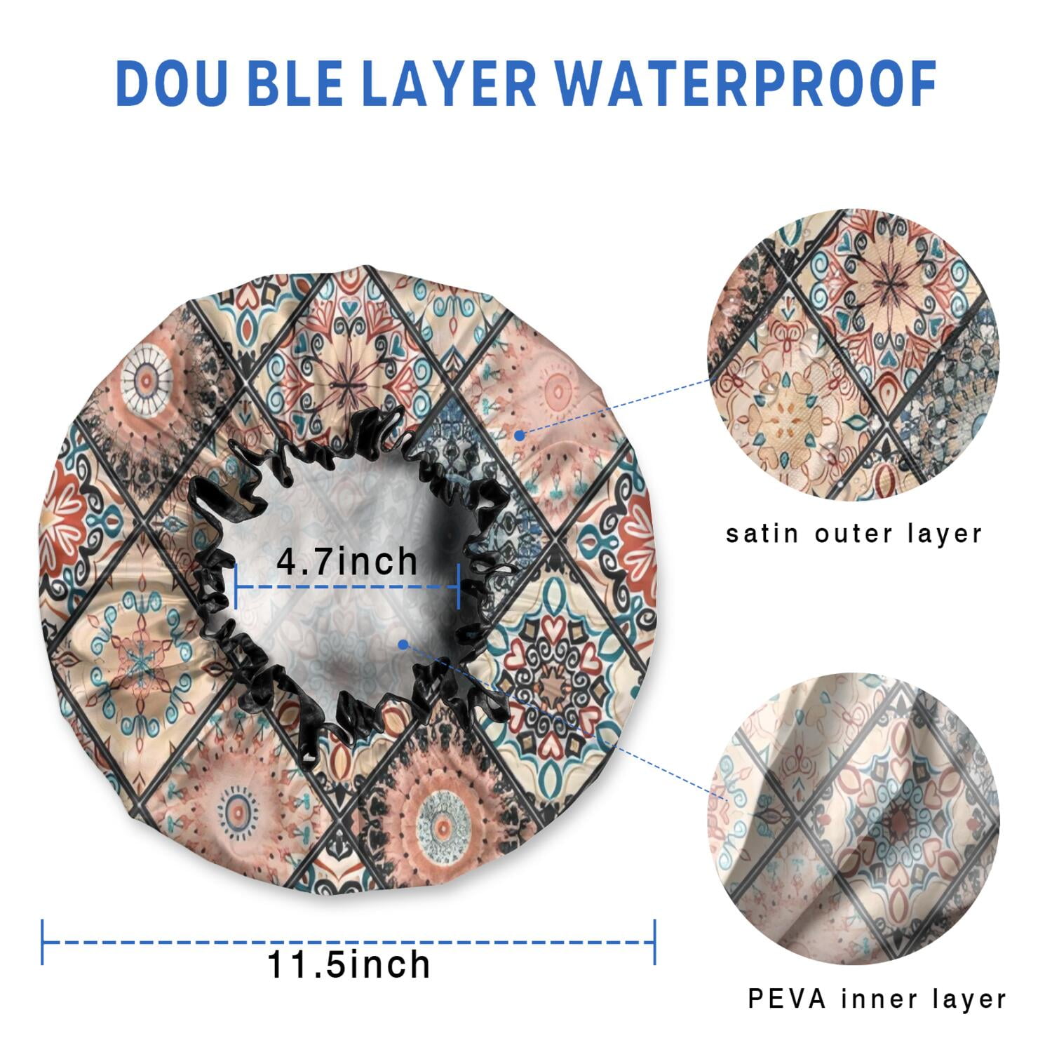 Shower Caps,Multicolor Ethnic Mandala Pattern Waterproof Shower Cap for Women 4 Pieces,Double Reusable Hair Cover for Shower PEVA Elastic Stretch Hem