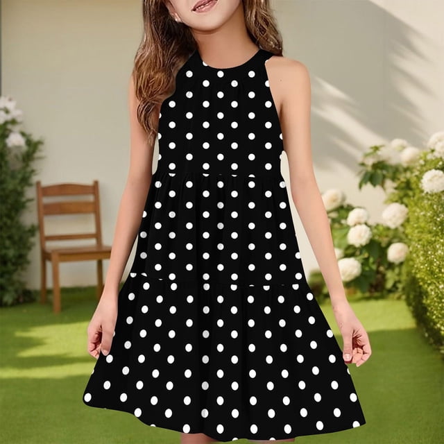 QTBIUQ Robe Patchwork Sans Manches à Pois pour Fille, Col Rond, avec Camisole et Poche, Décontractée, Quotidienne, Polyvalente, pour Vacances, Fête, Jeu, Ensemble d'Été, Style Mignon et Concis (Noir, 7-8 Ans)