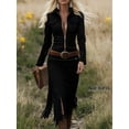 thumbnail image 3 of Women's Western Fringe Zip Front Bodycon Dress, Long Sleeve Lapel Collar Tassels Midi Dress, Cowgirl Party Outfit for Women, 3 of 6
