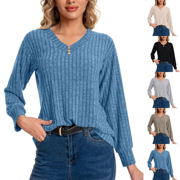 Ashirexll Winter Sweaters Pullover Sweaters for Women Long Sleeve V-Neck Groove Brushed Pullover Sweater Soft Tops