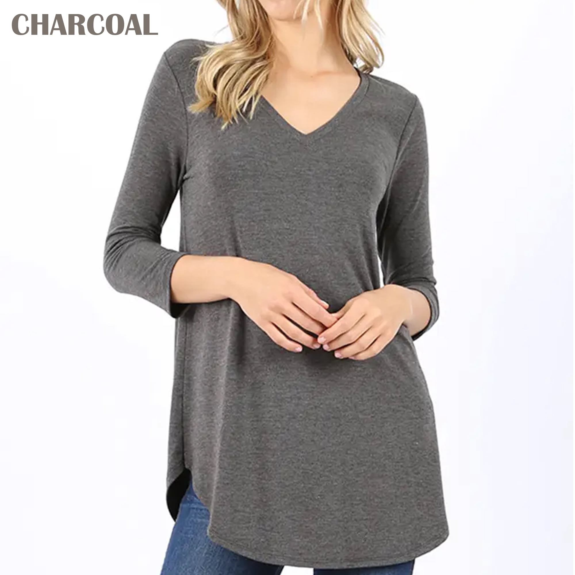 Sobeyo - Womenu0027s V-Neck Top 3/4 Sleeve Round Ham Soft Premium Fabric  Charcoal Size 2XL - Walmart.com