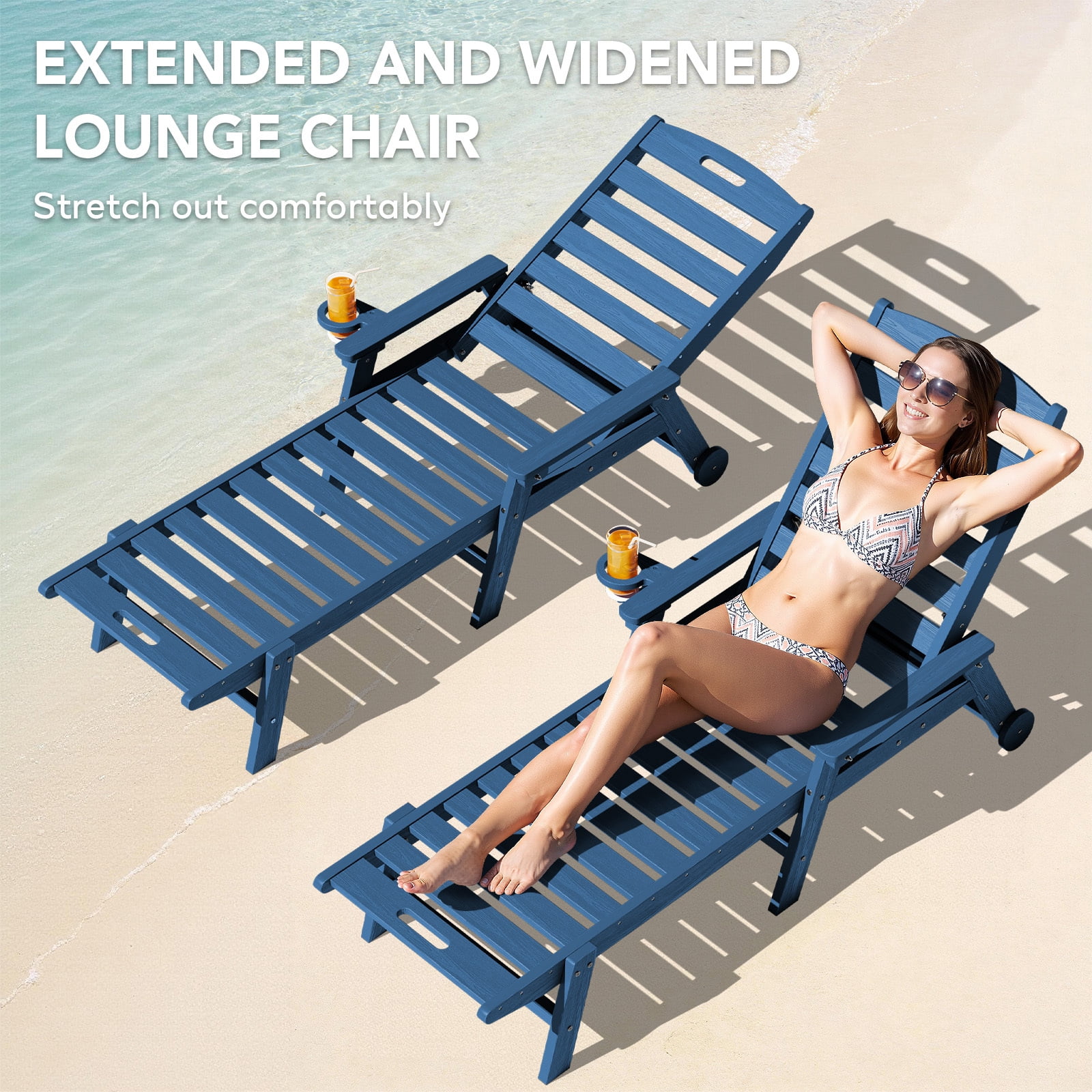 LOYALICE Adjustable Wheeled HDPE Plastic Outdoor Patio Lounge Chair W/ Cup Holder,78.3"x25.1"x16.3", Navy Blue