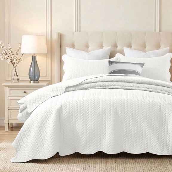 Ameha 3-Piece Quilt Set Lightweight Leaf Embossed Microfiber Bedspread and Coverlet Bedding Set White King