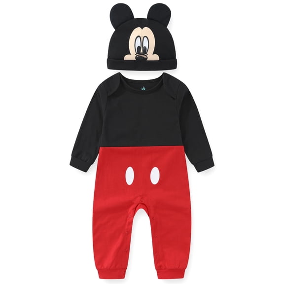 Disney Mickey Mouse Long Sleeve Romper Coverall with Hat Cap (Baby Boys), 2 Piece Set, Sizes NB-24M
