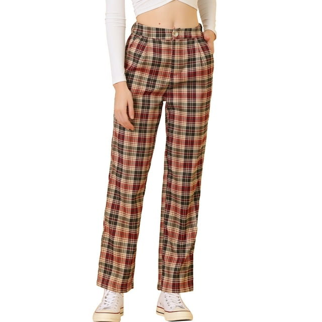 INSPIRE CHIC Pantalones a cuadros casuales para mujer, bolsillos, pierna recta, trabajo, oficina, pantalones Rojo Marrón Beige S