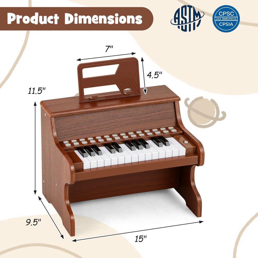 Resenkos 25-Key Kids Piano with Teaching Mode & Speed Control - Brown