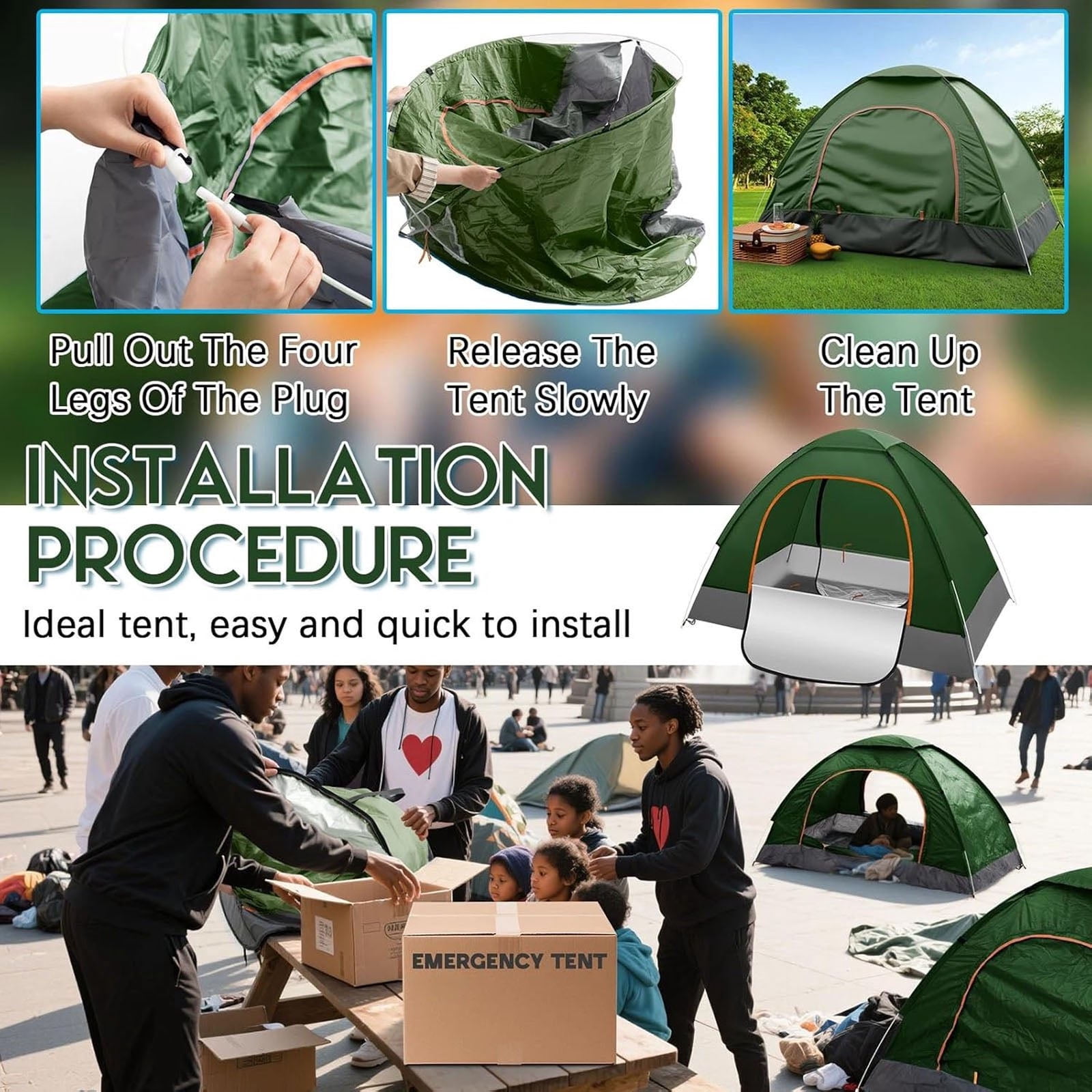 Outdoor Camping Tent, 1-2 Person Folding Pop up Tent, Easy Setup & UV Protection, Waterproof Lightweight Backpacking Dome Tents for Family, Hiking, Outdoor, Travel, Picnic, Green
