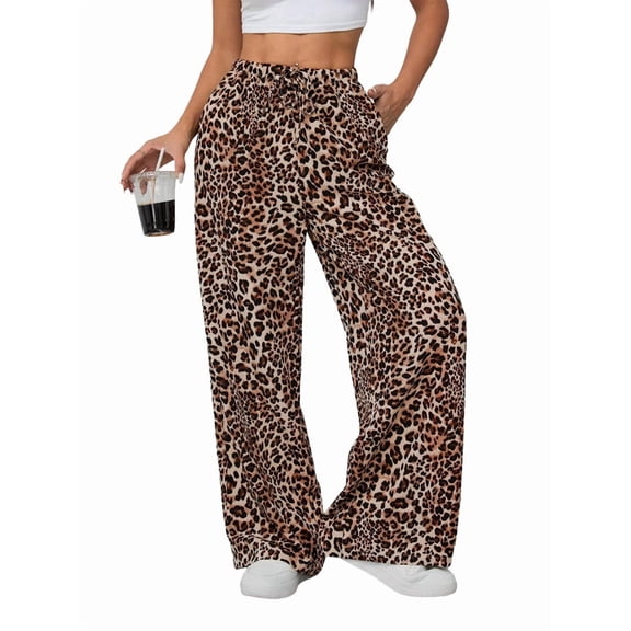 Women'S Wide Leg Pants with Pockets, Casual Trousers Sweatpants Brown Leopard Print S