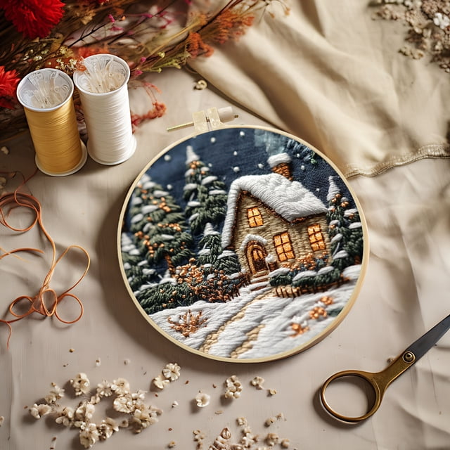 SnowVibe Christmas Forest Snow House Hand Embroidery DIY Kit - Handmade Fabric Material for Creative Needlework and Embroidery Projects