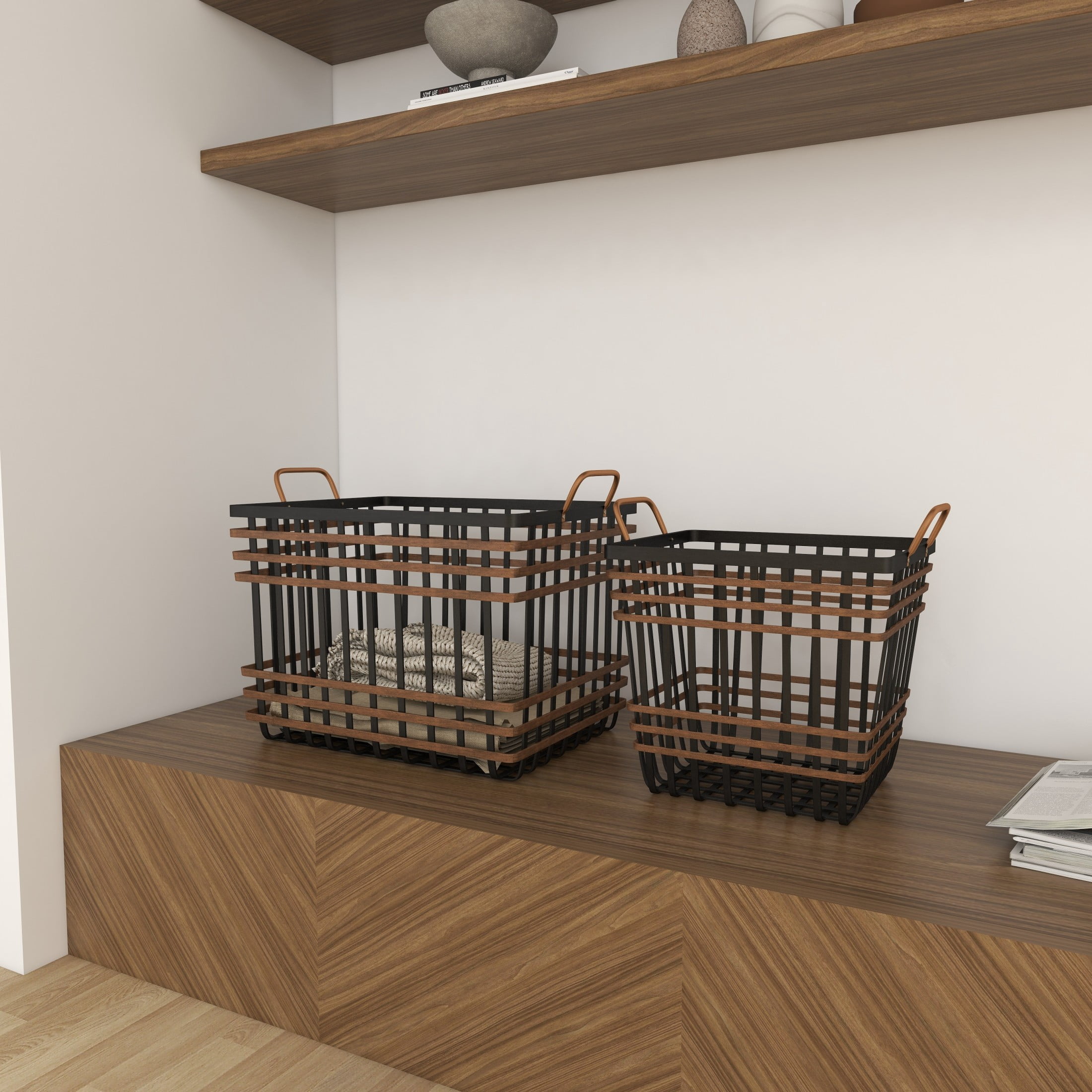 DecMode 14", 24"W Black Bamboo Wood Open Frame Square Storage Basket with Brown Accents, 2-Pieces