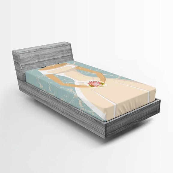 Ambesonne Grunge Fitted Sheet, Sketch Bride Dress, Twin XL Size, Pale Blue and White