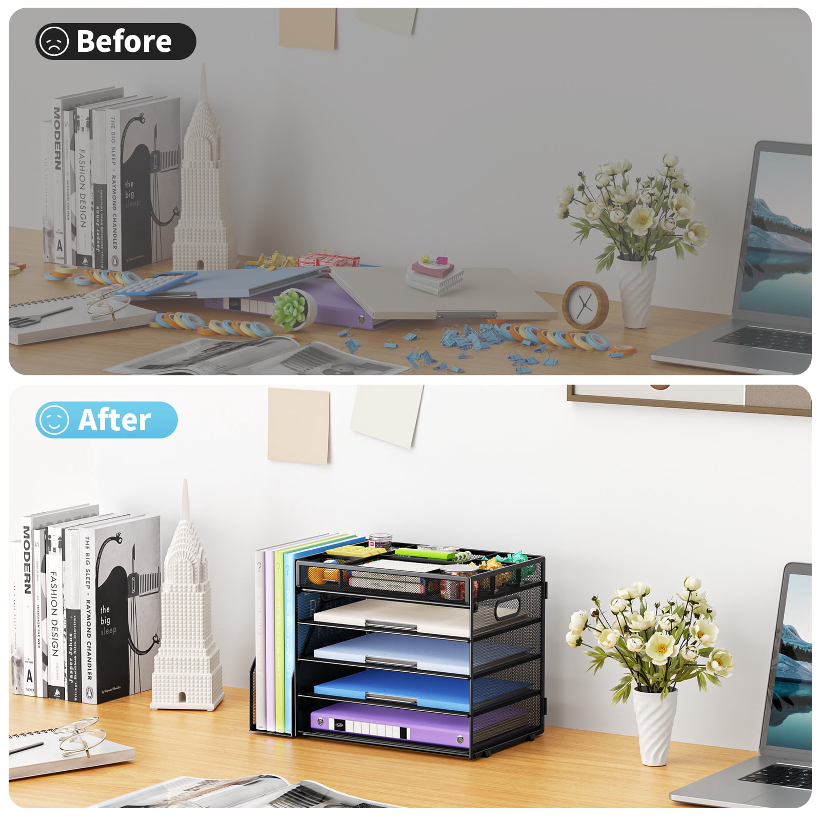 Marbrasse Multi-Functional Desk Organizer Tray,5 Tier Paper Letter Tray Organizer with File Holder,Mesh File Storage with 8 Compartments