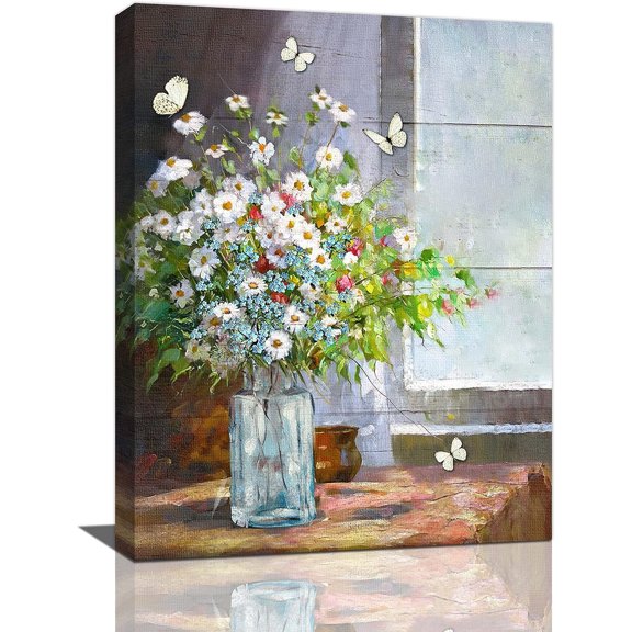 Daisy Flowers Bathroom Wall Art Floral Butterfly Pictures Bathroom Decor Canvas Painting Flower Decorations Framed Artwork for Bathroom Living Room Kitchen Bedroom 12"x16"