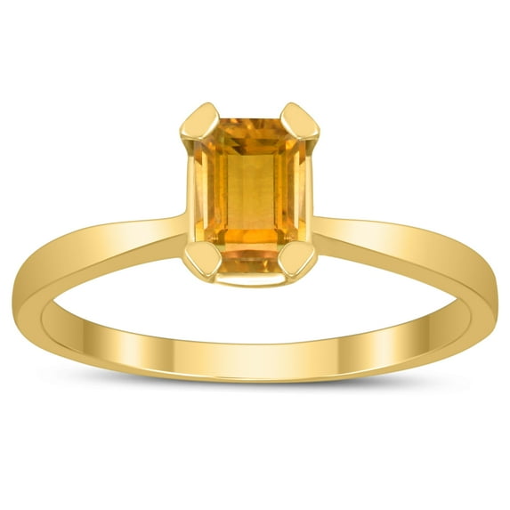 SZUL Women's Emerald Shaped 6X4MM Citrine Solitaire Ring in 10K Yellow Gold