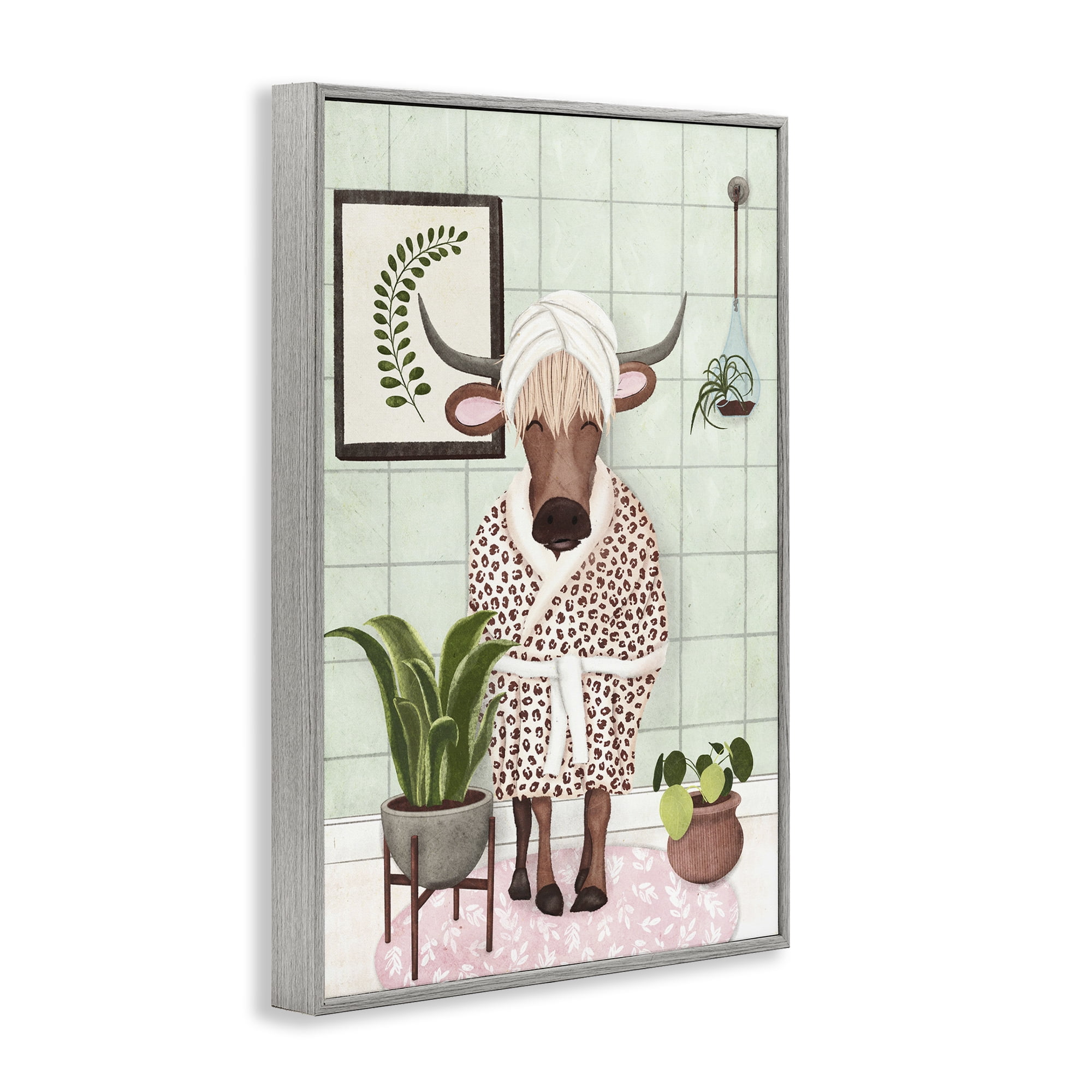 Stupell Industries Cow in Bathrobe Typography Painting Gray Framed Art Print Wall Art, 12 x 18