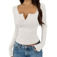 thumbnail image 2 of Long Sleeve Shirts for Women Lace Trim Buttons Henley Shirts Slim Fit Ribbed Knit Going Out Top Blouses Early Spring Fashion, 2 of 5