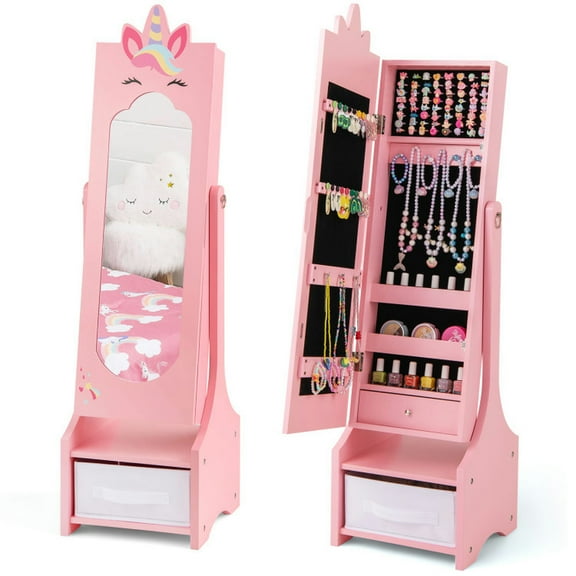 Kepooman Kids Jewelry Armoire Cabinet, Standing Children Jewelry Organizer,Kids Jewelry Cabinet with Full-Length Mirror for Kids Bedroom and Playroom-Pink