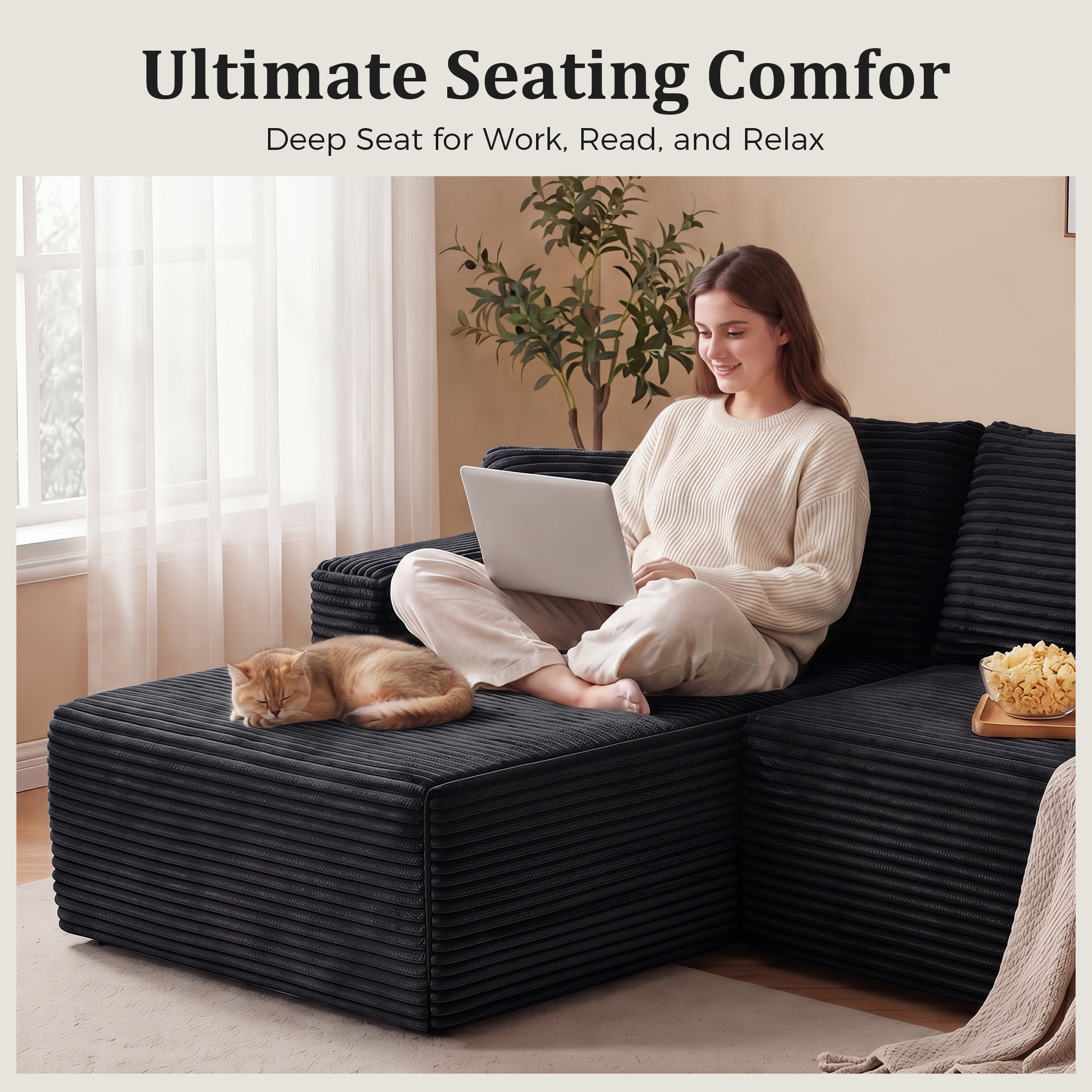 Aenkyo 95 Inch Corduroy L-Shaped Modular Sectional Sofa, Left Chaise, Black
