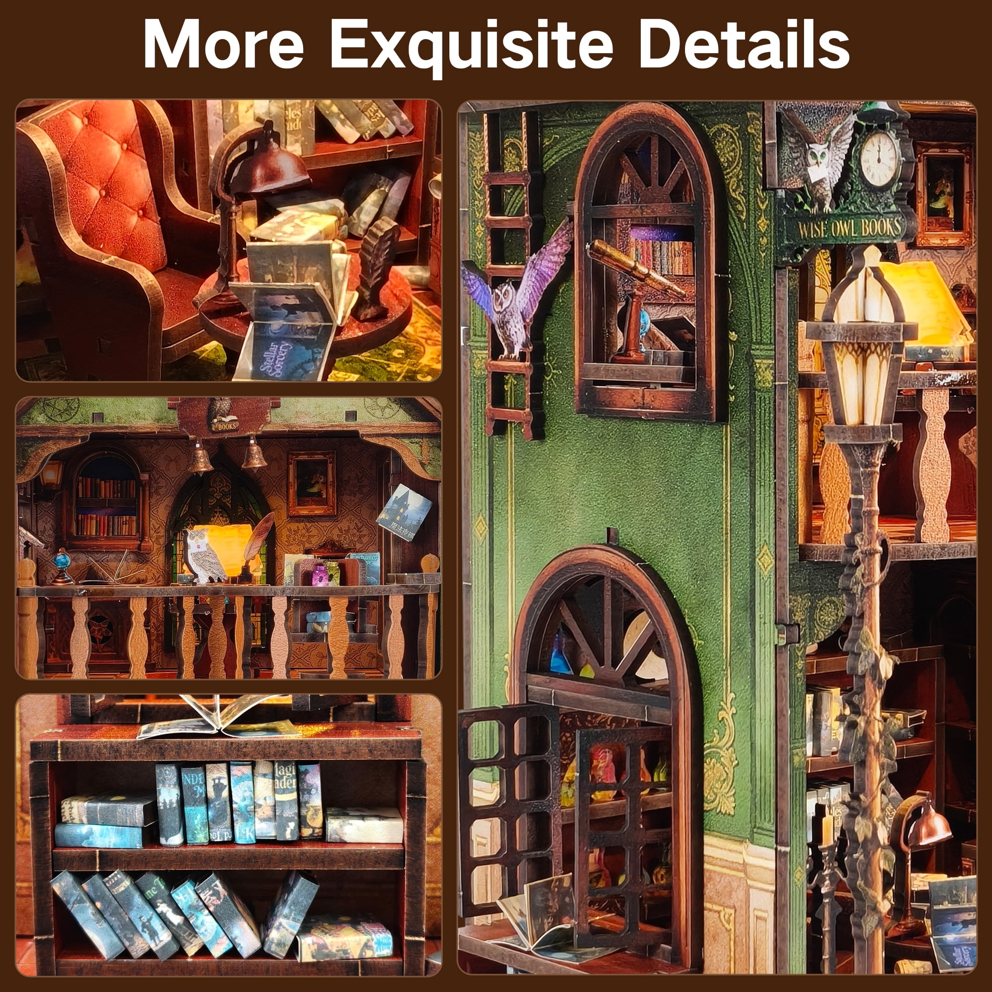 BELEEV Book Nook Kit,DIY Miniature House Kit for Adults,Magic Academy 3D Wooden Puzzle with LED Lights,Miniature House Bookshelf Decor Bookend Gift for Adults Teens - Magic Academy