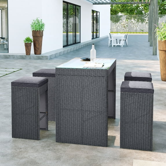 Euroco 5-Piece Bar Set Outdoor Dining Table Set with 4 Stools, Wicker Set for 4 Persons, Gray