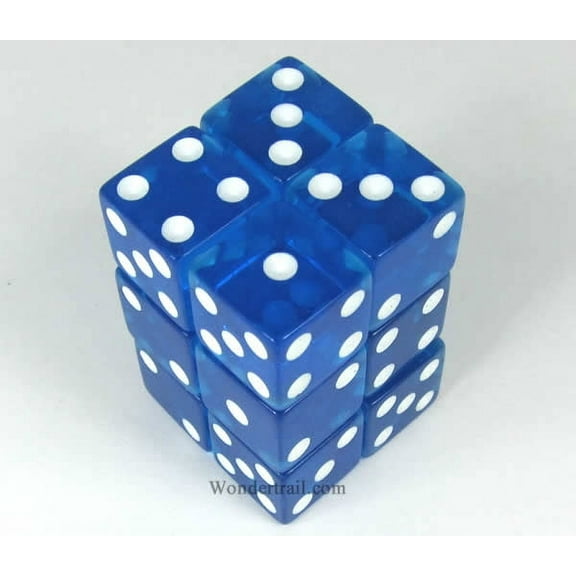 Blue Transparent Dice with White Pips D6 16mm (5/8in) Pack of 12 Koplow Games