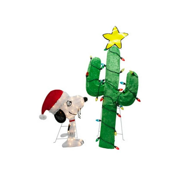 Peanuts Prelit Led 2d Christmas Yard Decor Snoopy With Christmas Cactus Tree 70 Lights 48 Walmart Com
