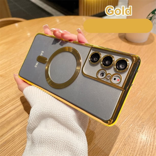 funda de borde recto galvanoplastia original para apple magsafe fundas de teléfono Samsung Galaxy S21 Fe S22 Plus S23 Ultra, lujo 4k protección cámara vidrio carcasa magnetismo inalámbrico