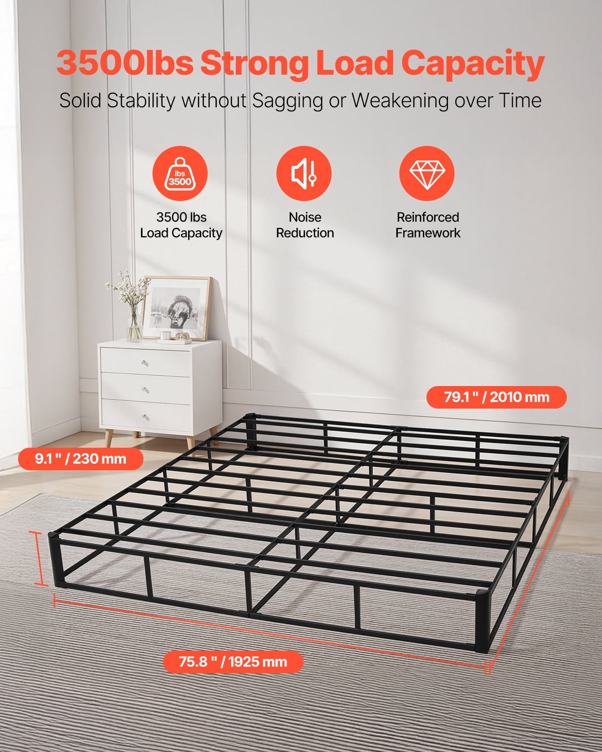 VEVOR Box Spring, King Size Bed Frame with Washable Fabric Cloth, Heavy Duty Metal Frame for King Bed, 9 in Mattress Foundation, 3500 lbs Max Weight Capacity, Easy Assembly