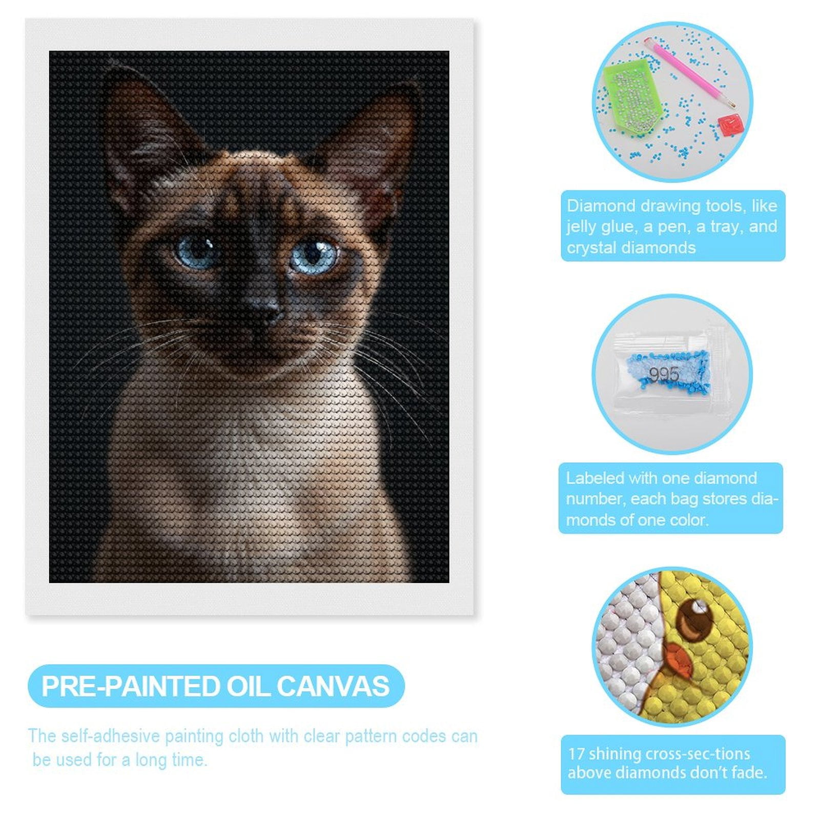 Diamond Art Kits for Adults - Blue Eyed Siamese Cat Portrait 5d Diamond Painting for Adults, Diamond Art for Adults Beginners, Frameless Diamond Painting Kits for Adults for Home Wall Decor