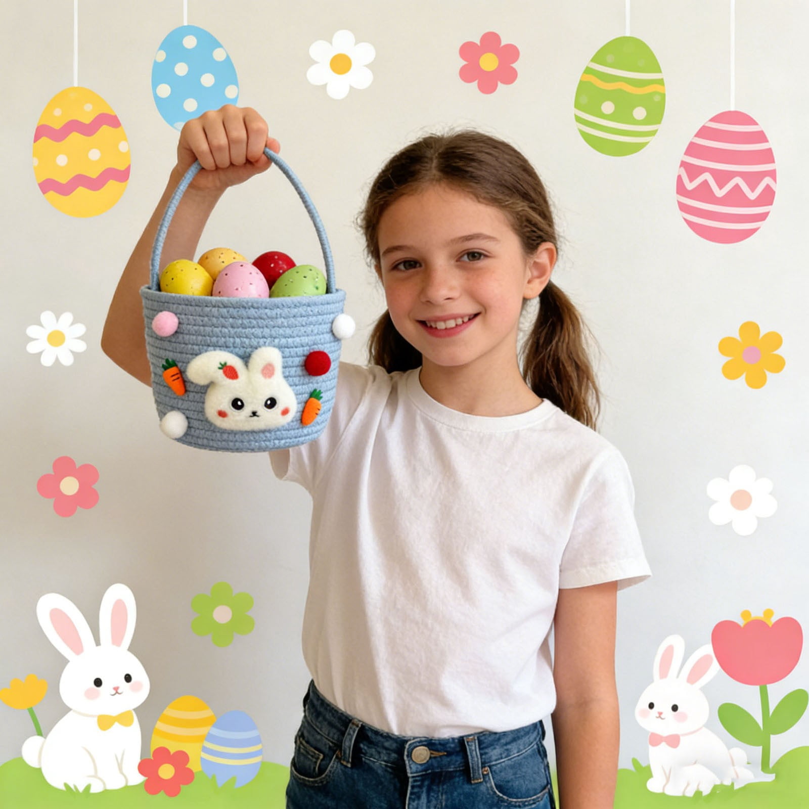 Easter Bunny Basket for Egg Hunt Storage, Decorative Table Centerpiece with Handle, Woven Organizer for Candy Snacks and Home Decor