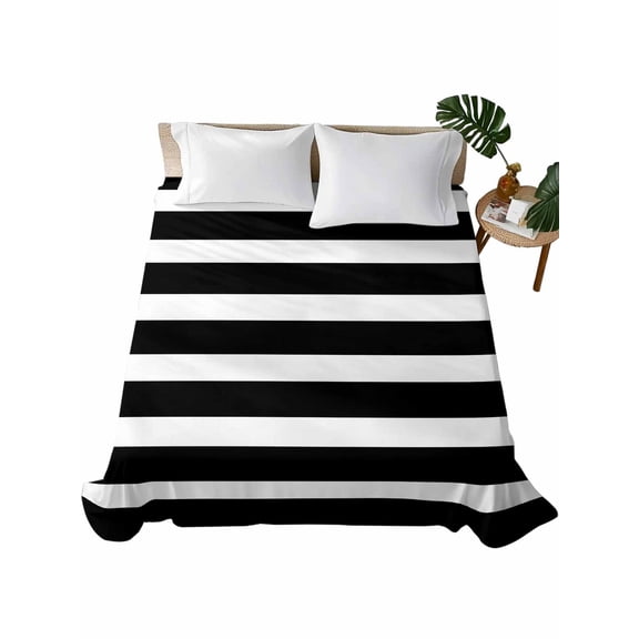 Queen Flat Sheet 90"x102", Black Striped Soft Lightweight Bedding Flat Sheets Only, Modern Simple Monochrome Geometric White Brushed Microfiber Top Bed Sheet, Breathable StainResistant Bedsheets