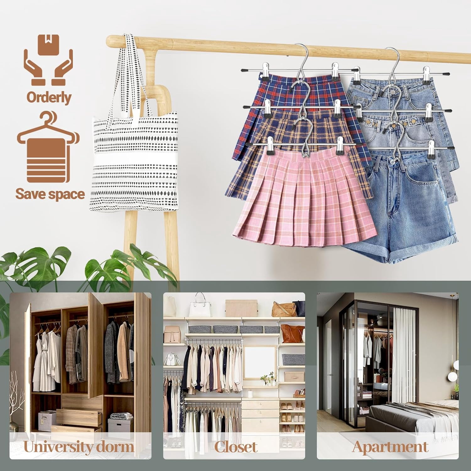 Pants Hangers, Stackable Skirt Hangers with Clips, Hanging Closet Organizer and Storage, Clothes Hangers - 8 Pack