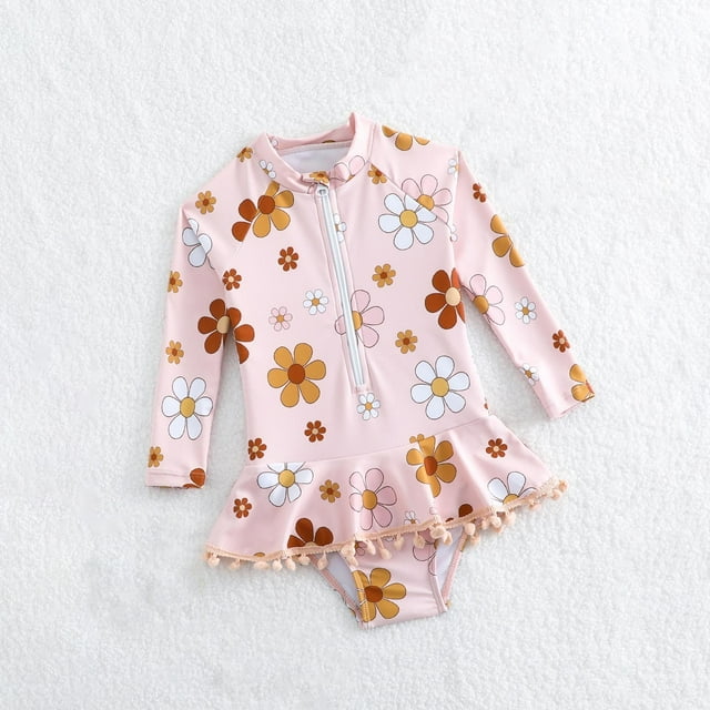Trajes de baño para mujer, Trajes de baño para mujer y niña, Traje de baño triangular de una pieza con mangas largas y estampado floral, estilo falda con media cremallera, Traje de baño de poliéster p