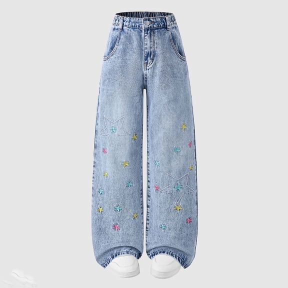 Babcutegg Kids’ Solid-Color Wide-Leg Denim Pants Casual Summer Jeans with Star Embroidery, Light Wash Finish, Slanted Pockets, and Relaxed Straight-Cut Fit Blue Size 10-11