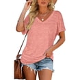 thumbnail image 3 of SHIBEVER Summer T Shirts for Women Tops V Neck Shirts Casual Short Sleeve Tunic Trendy Dolman Side Shirring Shirts Blouses Loose Tee Solid Color Cute Pink Size XL, 3 of 9
