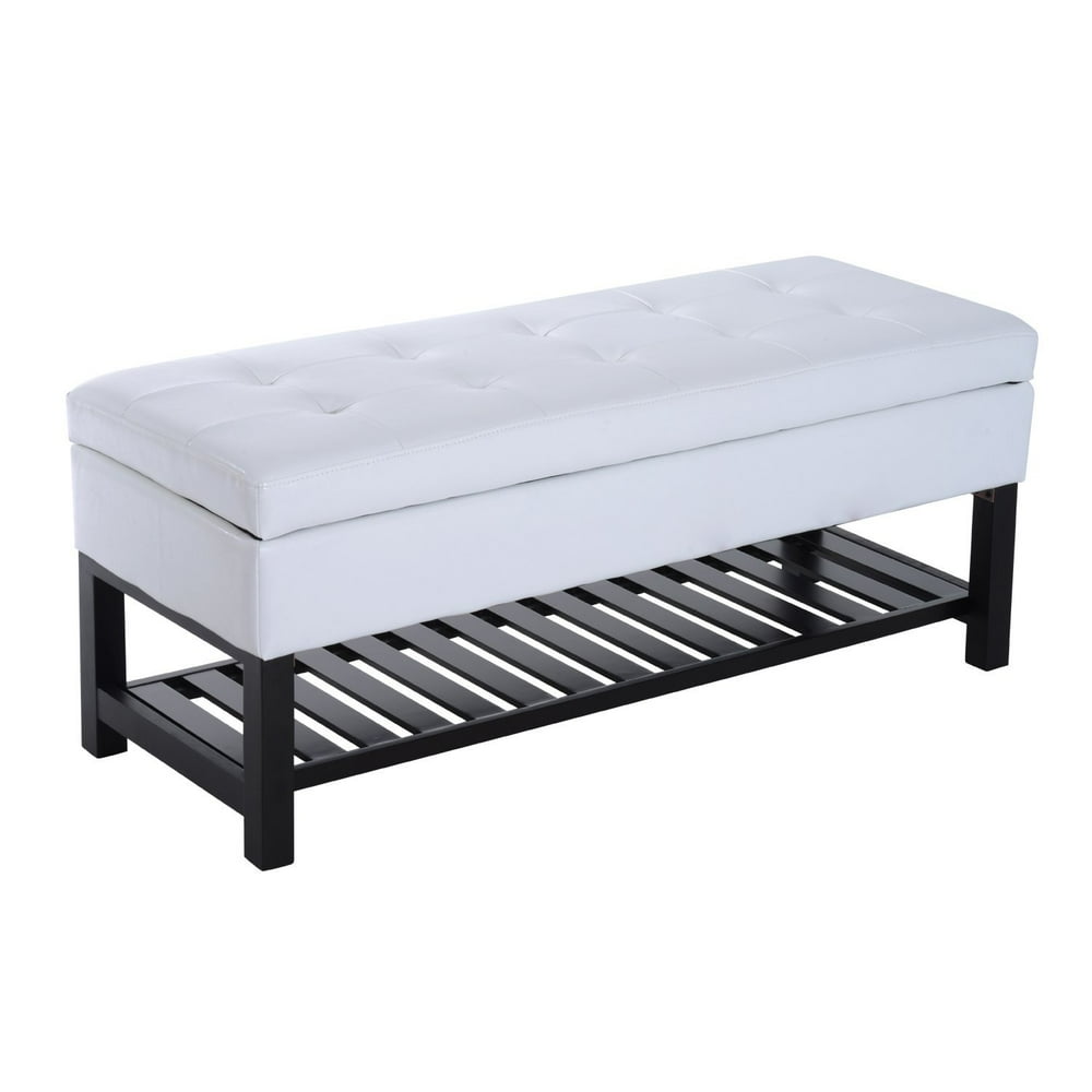 44" Tufted Faux Leather Ottoman Storage Bench With Shoe Rack
