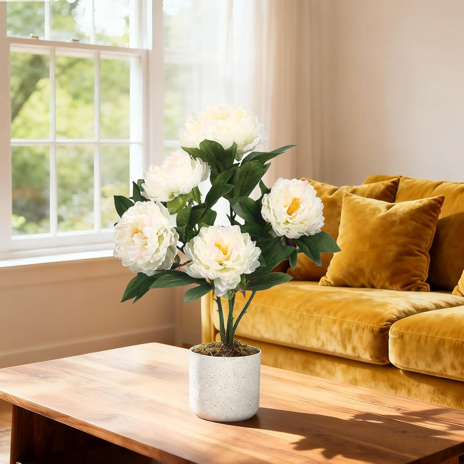 QinaQin 55cm Set of 2 Peonies Artificial Flowers, Faux Peonies with Realistic White Flowers & Green Leaves, Indoor Outdoor Fake Potted Plant for Living Room Home Office Porch Decor