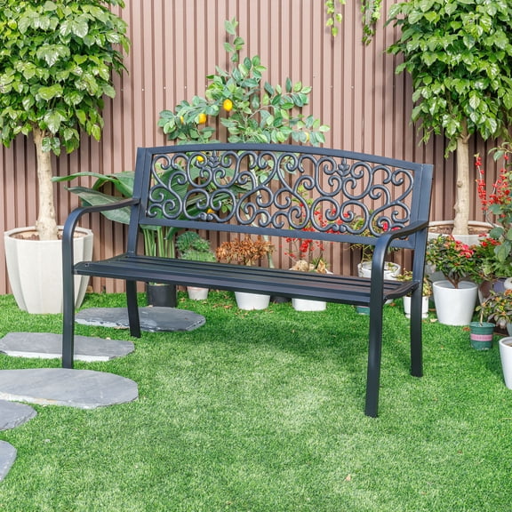 Iron Symphony- Steel and Cast Iron Garden Bench in Timeless Black