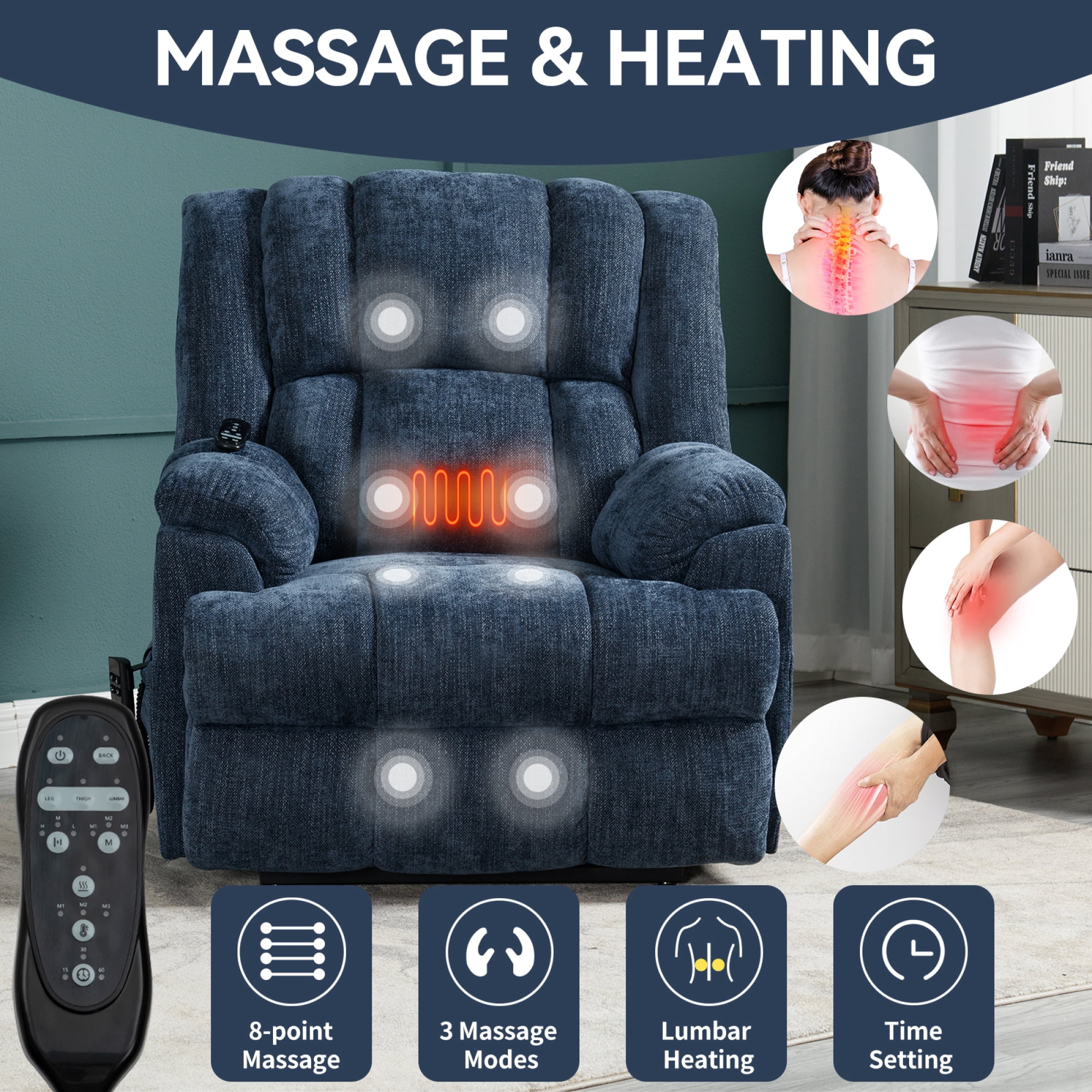 Leumius Large Power Lift Recliner Chair for Elderly,Heavy Duty Dual Motor Chenille Electric Recliners Chair with Massage and Heat for Living Room,Gray