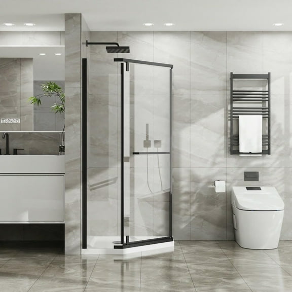 Spaco Frameless Shower Door 36 in.D x 36 in.W x 72 in.H Corner Shower Enclosure with Clear Tempered Glass Pivot Shower Door, Foldable Shower Door for Bathroom, Black