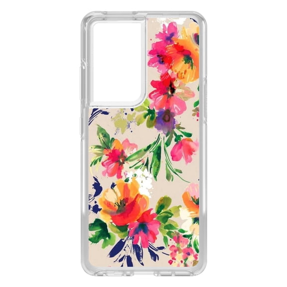 DistinctInk Clear Shockproof Hybrid Case for Galaxy S21 ULTRA 5G (6.8" Screen) - TPU Bumper, Acrylic Back, Tempered Glass Screen Protector - Pink Purple Floral Flowers