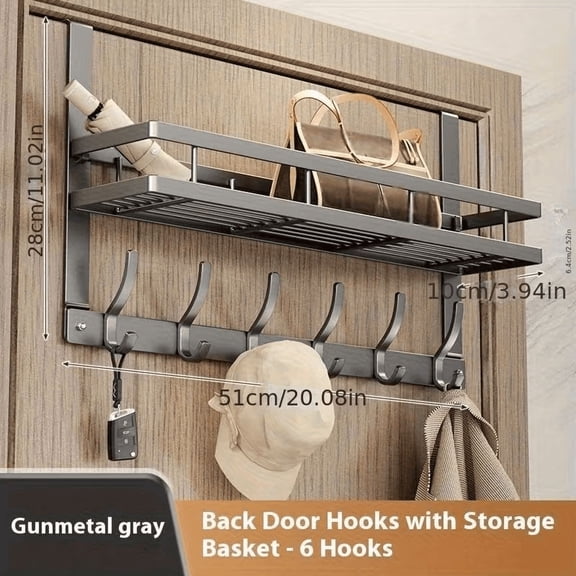Gray  with 6 Hooks,Multifunctional Metal Easy-Install Over-the-Door Storage Rack for Bedroom, Bathroom & Kitchen Organization, A Perfect Gift for Christmas And Halloween